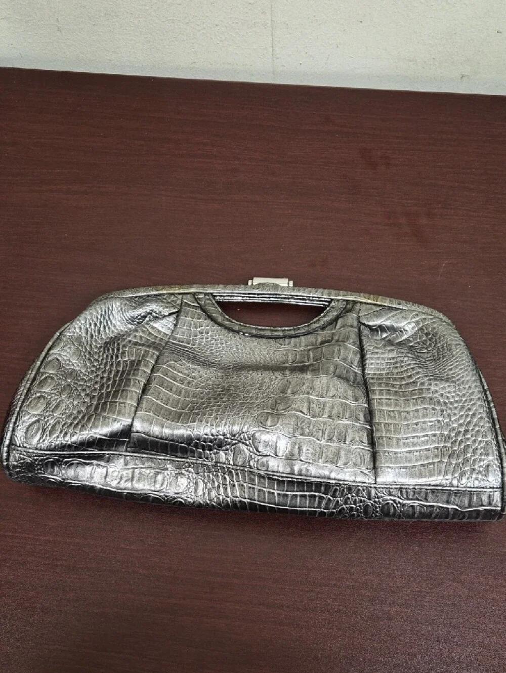 Nicole by Nicole Miller Metallic Silver Croc-Embossed Frame Clutch